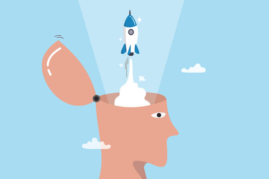 Open minded, innovation or improvement with knowledge or wisdom, learning or thinking enlightenment, start, begin project, discover or release project concept, human head open mind and launch rocket.