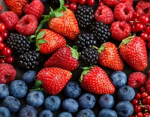 Fototapeta premium Mix of fresh delicious berries as background, top view