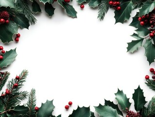 Christmas holly and pine branch border frame with copy space