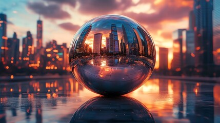 A chrome ball reflects a city skyline at sunset.