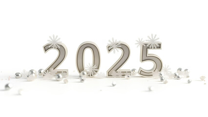 Shiny metallic 2025 numerals stand prominently among detailed frosty snowflakes on a white background