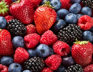 Obraz premium Mix of fresh delicious berries as background, top view