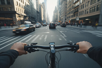 Cyclist is riding a bike in traffic on a busy new york city street, Cyclist  perspective 