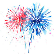 Simple watercolor fireworks drawing. Blue and red firework explosions. Artistic aquarelle illustration on white background.