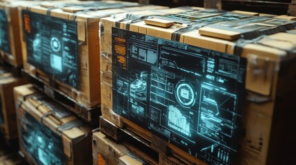 Boxes arranged neatly on a pallet, labels showing shipping information, digital holograms overlaying the packaging, cyberpunk style, high detail