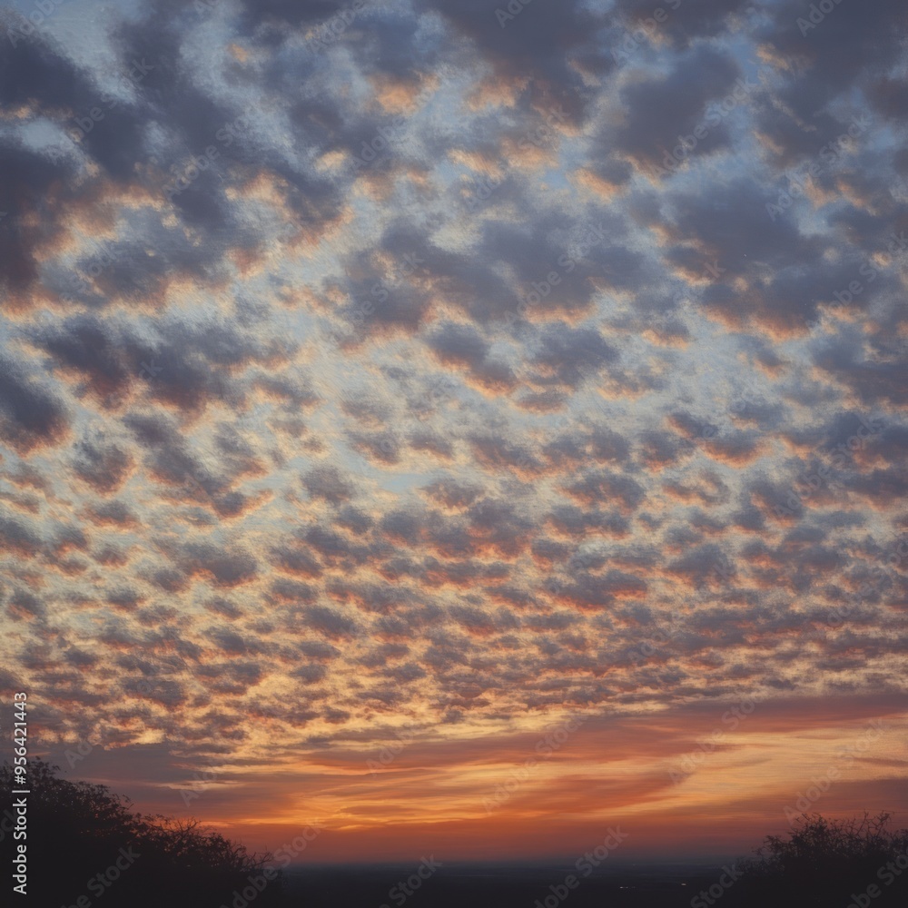 Wall mural A stunning sunset sky with a layer of clouds creating a beautiful pattern.