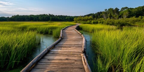Obraz premium A charming wooden boardwalk winds through a lush green wetland marsh, inviting exploration and showcasing the peace and beauty of natural scenery.