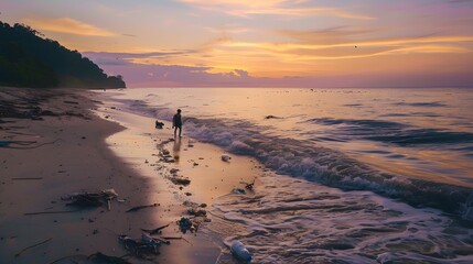 Illustration of A serene beach at sunset, a lone figure walking freely along the shoreline, collecting plastic waste, symbolizing the harmony between freedom and zero waste lifestyle, cinematic lighti