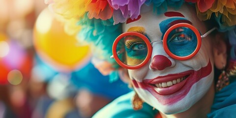 Group of adult friends having fun at dark carnival party. Happy people dressed up in spooky Halloween costumes of witch, devil, clown,