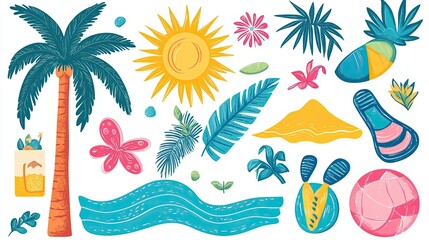 Obraz premium 27. Collection of graphic elements for a summer beach party, featuring sun, waves, palm trees, flip flops, and beach balls. Bright and bold colors, with a tropical vibe.