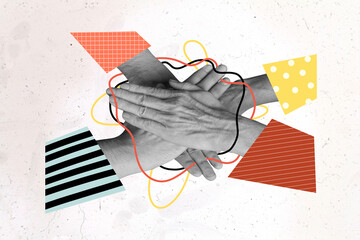 Composite photo collage of hands hold together high five support unity cooperation colleagues...