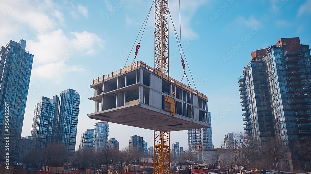 Poster a crane and a building under construction against a blue sky background builders work on large const