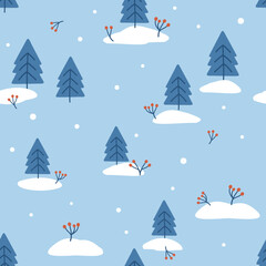 Seamless pattern with pine tree, red berry branch and snowflakes on blue background vector.