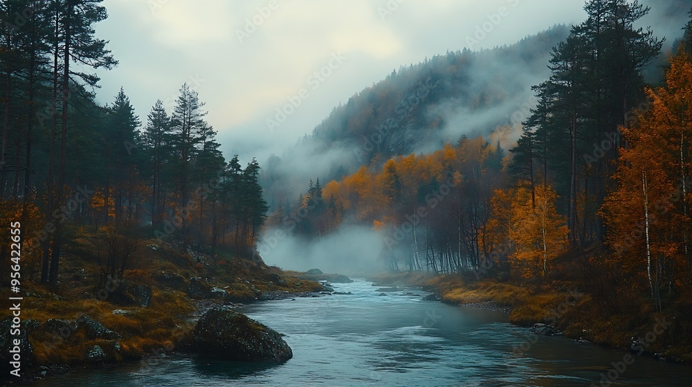 Aufkleber wild nature shot of mountain river in the mountains shrouded in clouds in autumn a foggy autumn morn
