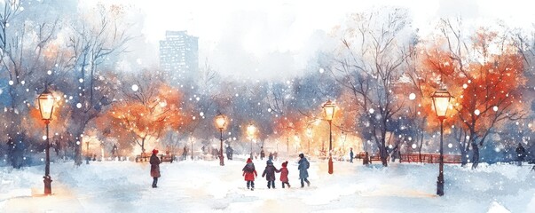 Snowy winter scene with red ornaments in trees and people walking.