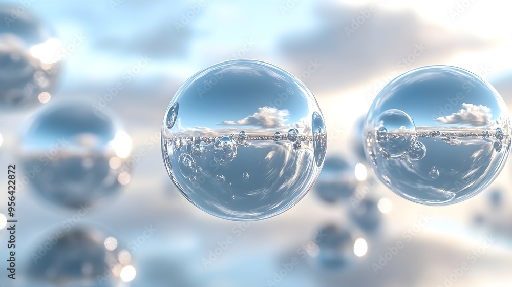 Poster abstract glass spheres reflecting sky & clouds