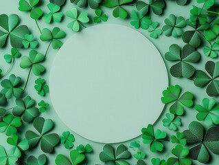 Green clover leaves arranged in a circle around a white circle, perfect for St. Patrick's Day.