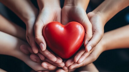 Many hands gently holding a red heart, showing teamwork, love, and care