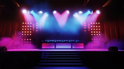 Multiple spotlights illuminating a DJ booth on a club stage, creating an electrifying nightlife scene.