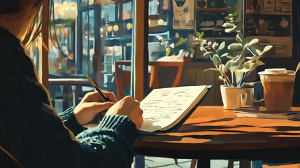 A person sits in a cafe and writes in a notebook.