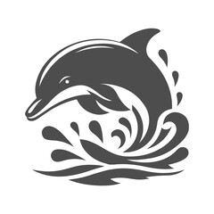 Silhouette of playful dolphin in water. Vector icon or logo.