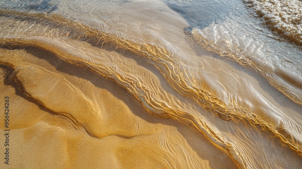 Poster patterns created by waves receding from wet beach sand, leaving unique lines and textures.