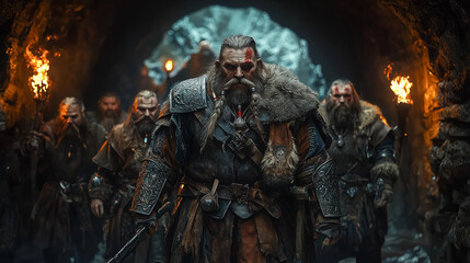 Fototapeta premium dwarven warriors with braided beards and fur cloaks, advancing through a dimly lit tunnel with torches in hand
