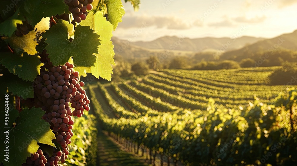 Poster a close-up of a bunch of red grapes hanging from a vine in a vineyard. the sun shines through the le