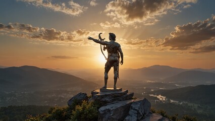 A statue of Apollo standing on a mountaintop, holding a lyre, with the sunrise just beginning to color the sky.