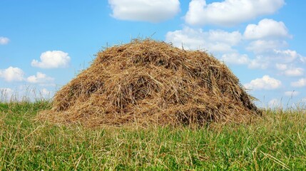 A Large Hay Bale Resting in a Field on a Sunny Day with a Blue Sky and White Clouds