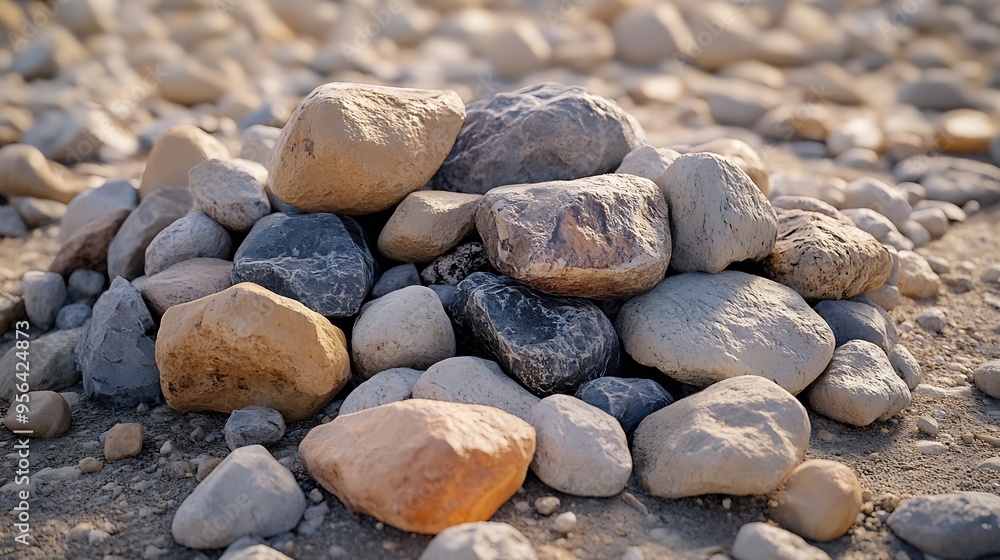 Aufkleber a pile of rocks sitting on bare ground The rocks are all different sizes and colors with some being round and smooth and others being angular and rough : Generative AI