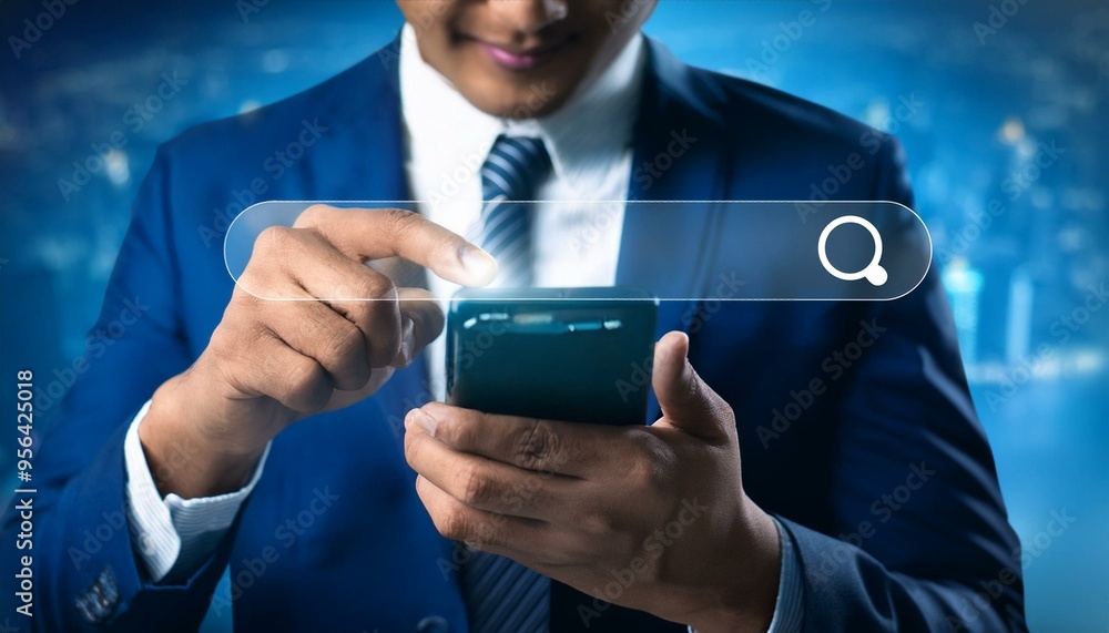 Poster a businessman tap to a mobile phone screen for search data from search engine internet. copy space f
