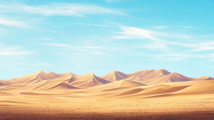 A vast, golden desert stretches out under a clear blue sky. The dunes are sculpted by the wind, creating a mesmerizing landscape.