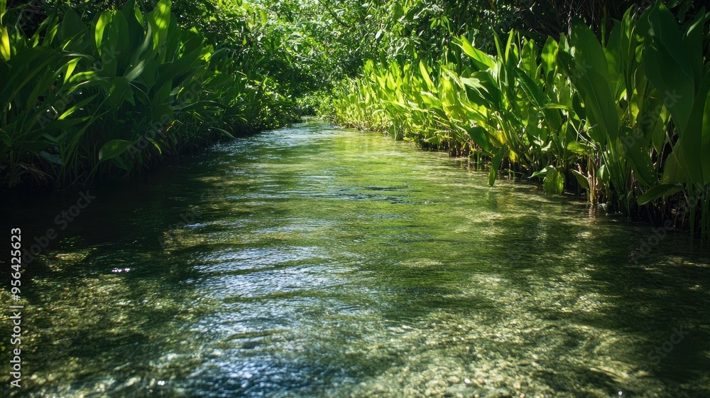 Aufkleber a tranquil stream flows through a lush green forest, sunlight filtering through the canopy and illum