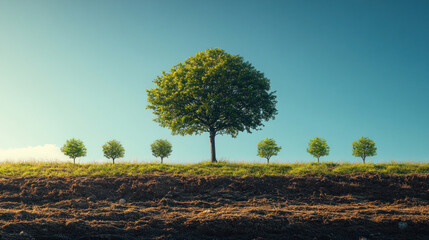 Obraz premium Tree Growing Over Time: A sequence showing the stages of a tree growing from a small sapling to a towering tree, symbolizing long-term growth and stability.