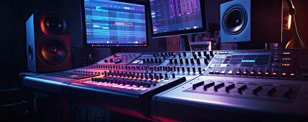 Modern studio control desk. Recording or sound DJ proffesional system. sound equipment for concert.