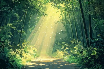 Naklejka premium Sunbeams Illuminate a Path Through a Dense Bamboo Forest