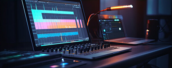 Obraz premium Modern studio control desk. Recording or sound DJ proffesional system. sound equipment for concert.