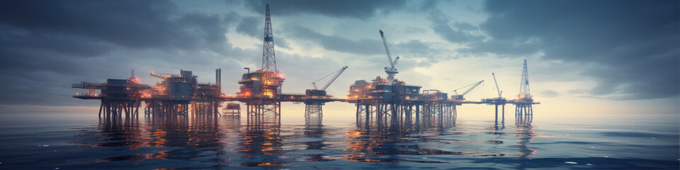 Obraz premium Offshore oil and gas platform in ocean. Petroleum platforms or crane.wide banner