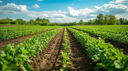 Fields of ripening cereals and other crops sugar beets potatoes chokeberry plantation Trees and bushes grow between the fields : Generative AI