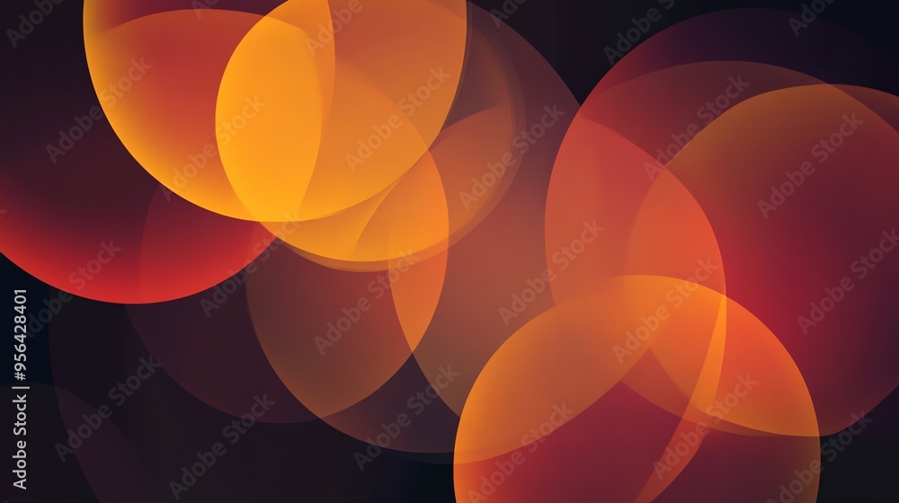 Poster abstract background with overlapping circles in shades of orange and red on a black background.