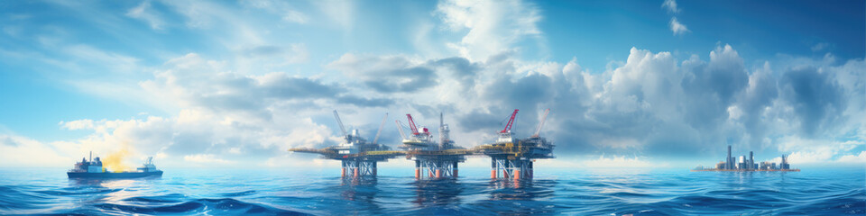 Obraz premium Offshore oil and gas platform in ocean. Petroleum platforms or crane.wide banner