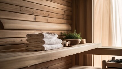 Elegant wooden sauna interior with minimalist shelf and towels