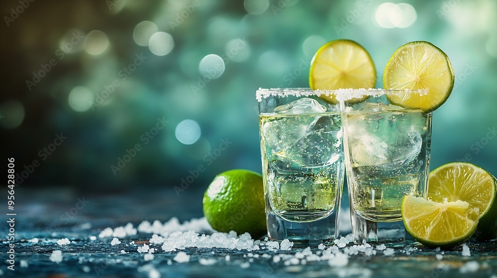 Poster Tequila shots with lime and salt on a rustic background Copy space : Generative AI