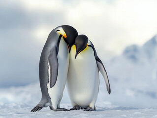Two penguins standing next to each other on a snowy surface