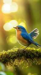 Obraz premium A blue and orange bird is perched on a mossy branch