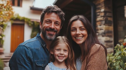 Obraz premium Happy family standing in front of house : Generative AI