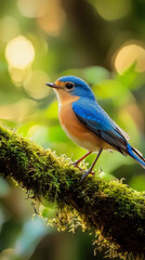 Obraz premium A blue and orange bird is perched on a mossy branch