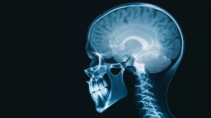 X-ray Brain: A detailed medical illustration of the human skull and brain, rendered in a captivating x-ray style. The image showcases the intricate anatomy of the brain