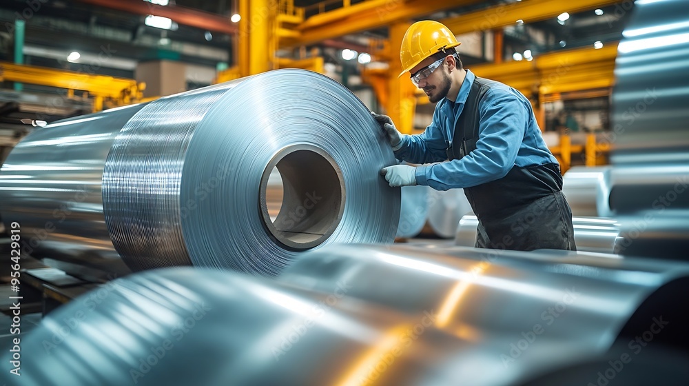 Poster engineer checking metal sheet roll in factory factory worker man inspection on hole rolls of metal c